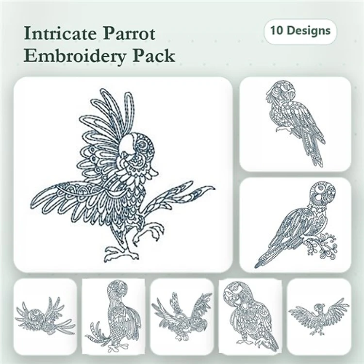 Redwork Parrot Embroidery Bundle – Flying Parrot, Perched Parrot, Colorful Parrot & More (10 Designs)