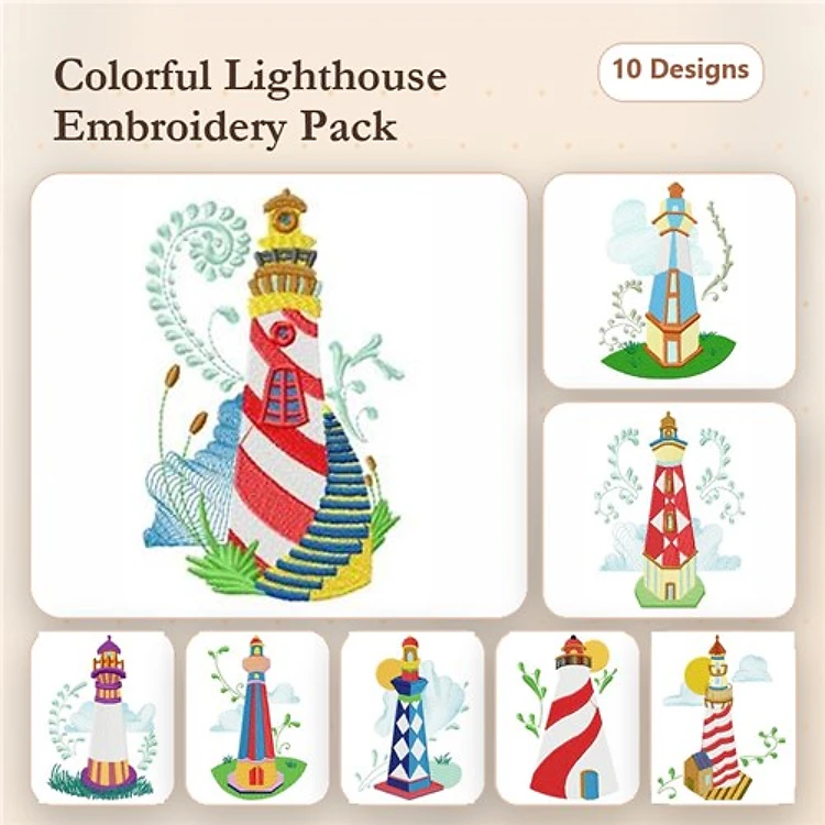 Colorful Lighthouse Embroidery Designs Bundle – Red and White Striped, Blue and White Striped, Lantern Lighthouse & More (10 Designs)