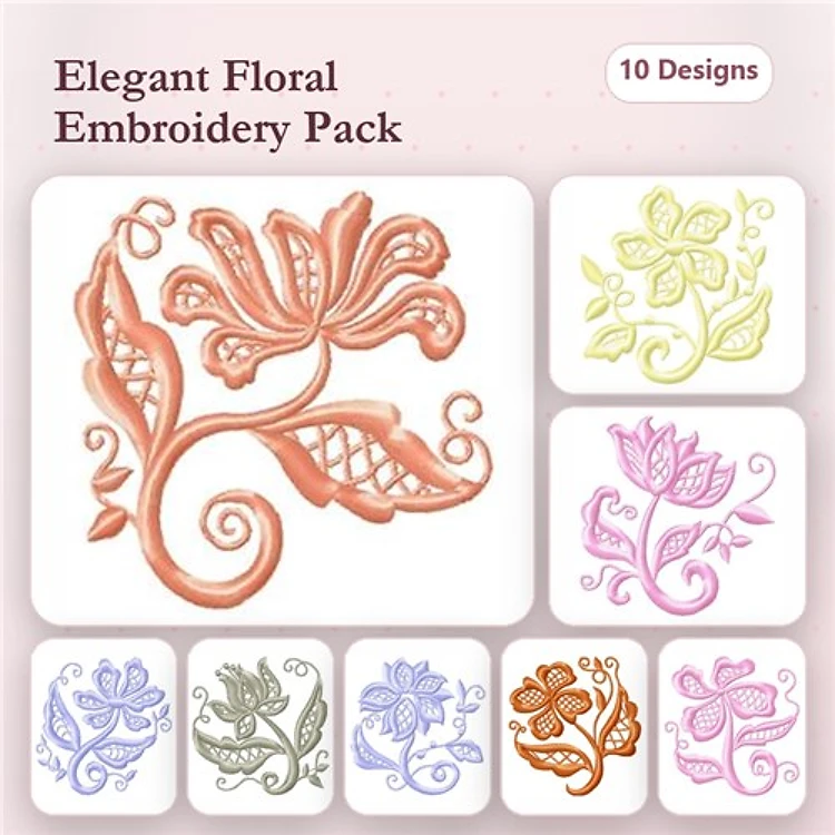 Elegant Floral Embroidery Designs Bundle – Coral, Yellow, Pink, Blue & More (10 Designs)