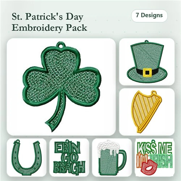 FSL St. Patrick's Day Embroidery Designs Bundle – Shamrock, Top Hat, Harp & More (7 Designs)