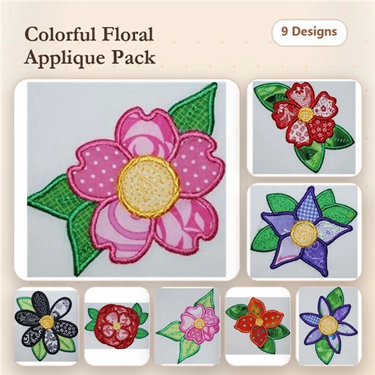 Applique Colorful Floral Embroidery Bundle – Pink, Red, Purple, & More (9 Designs)