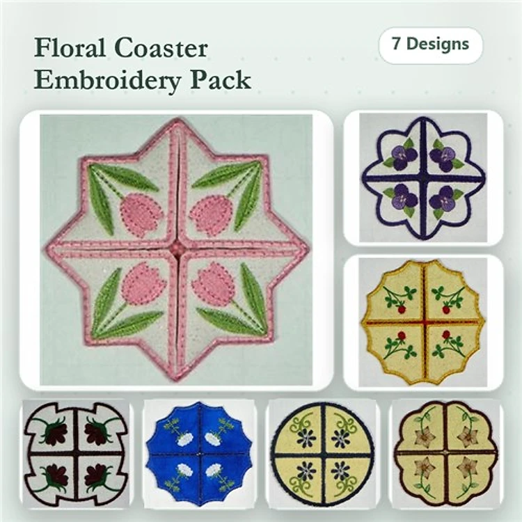 ITH Floral Coasters Embroidery Designs Bundle – Pink Flowers, Blue Floral, Vines & More (7 Designs)