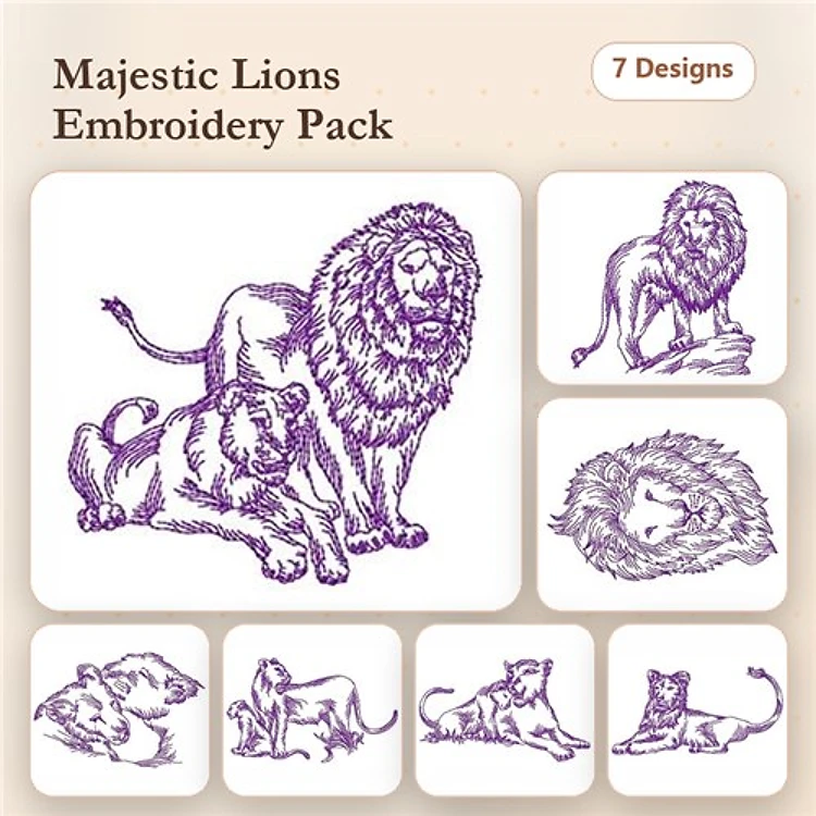 Redwork Majestic Lions Embroidery Bundle – Male Lion Sitting, Female Lion Lying Down, Lioness with Cub & More (7 Designs)