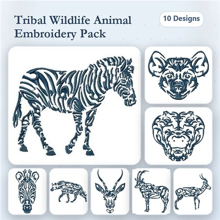 Tribal Wildlife Animals Embroidery Designs Bundle – Zebra, Hyena, Giraffe & More (10 Designs)