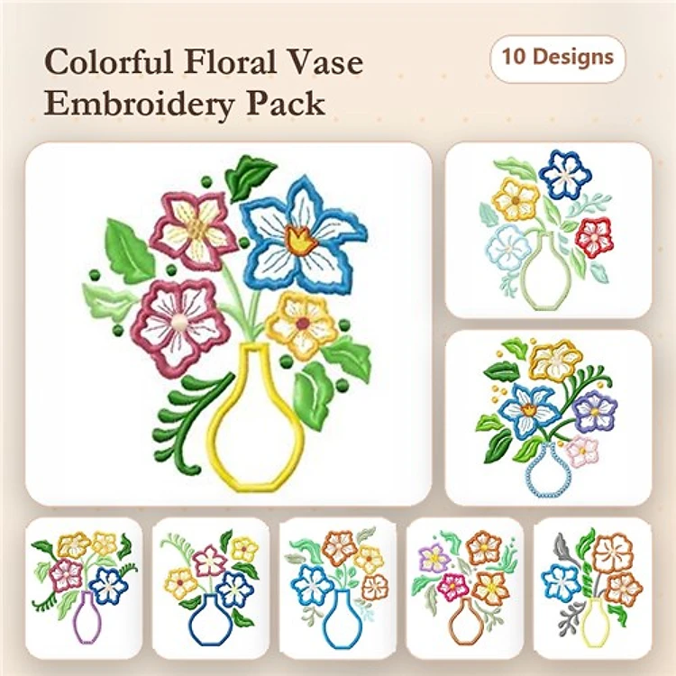 Colorful Floral Vase Embroidery Designs Bundle – Vase with Blue Flower, Vase with Pink Flower, & More (10 Designs)