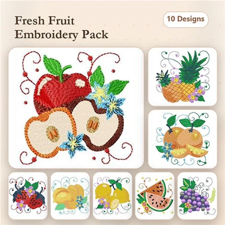 Fresh Fruit Embroidery Designs Bundle – Red Apple with Flowers, Pineapple, Watermelon & More (10 Designs)