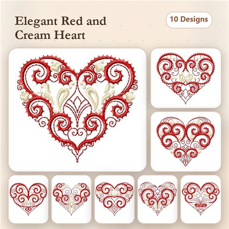 Redwork Elegant Hearts Embroidery Bundle – Elegant Heart with Swirls, Heart with Floral Design, Ornate Heart & More (10 Designs)