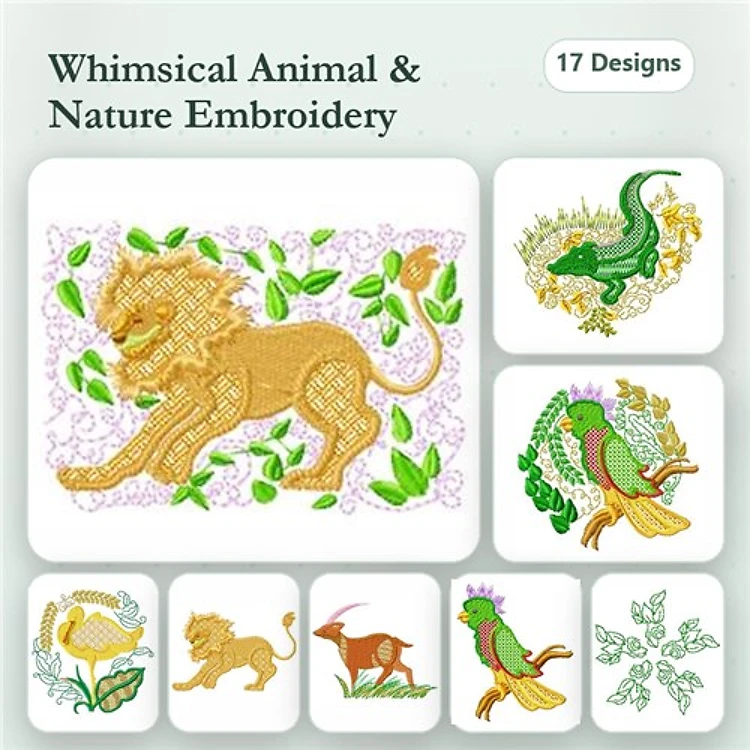 Whimsical Animals and Nature Embroidery Designs Bundle – Lion with Leaves, Green Lizard, Colorful Bird & More (17 Designs)