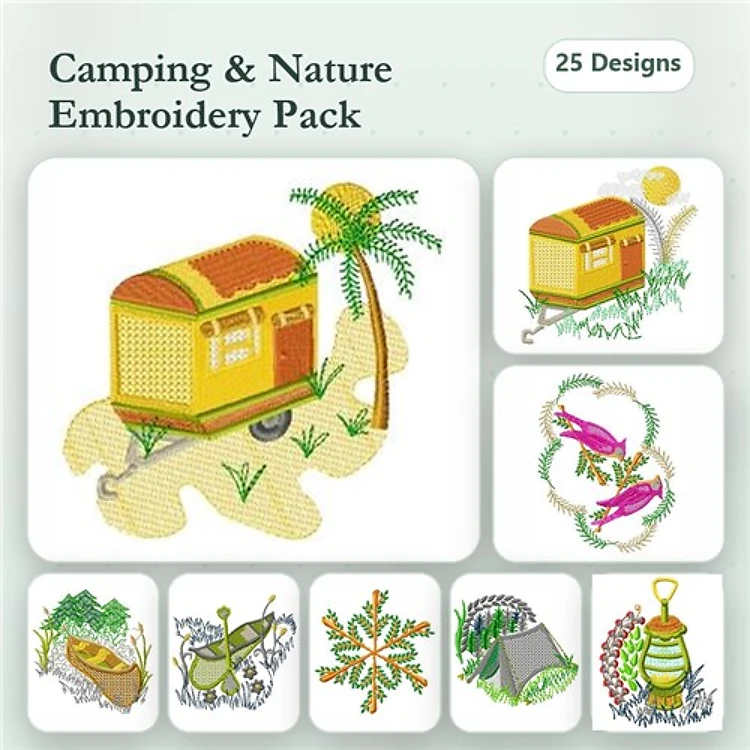 Camping and Nature Embroidery Designs Bundle – Camping Trailer, Tropical Palm Tree, Fishing Lure & More (25 Designs)