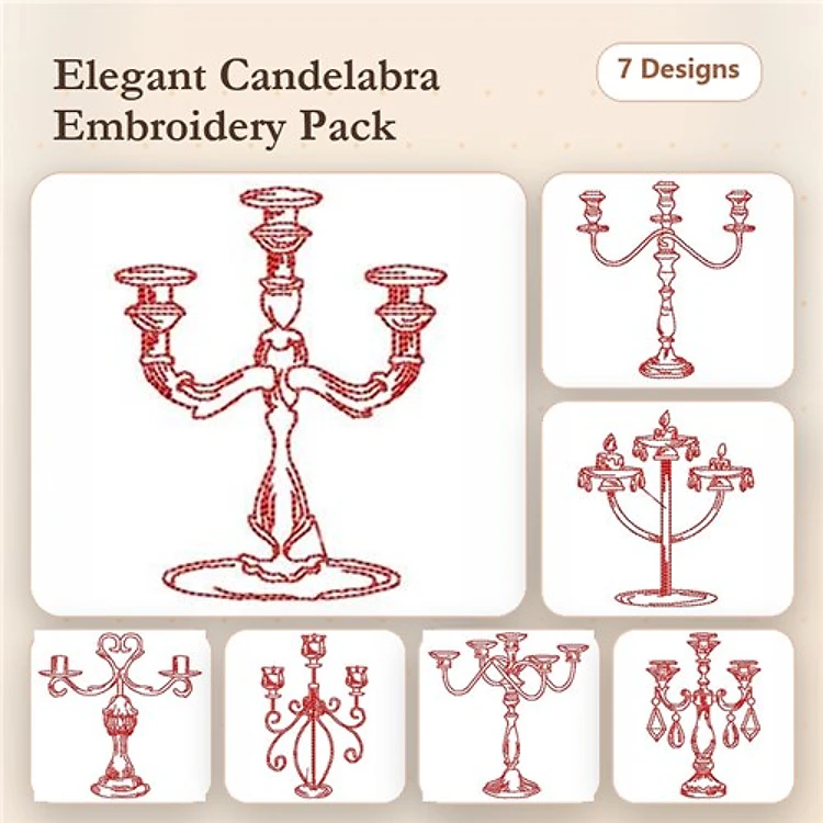 Redwork Candelabra Embroidery Designs Bundle – Candelabra with Candles, Elegant Three-Arm Candelabra & More (7 Designs)