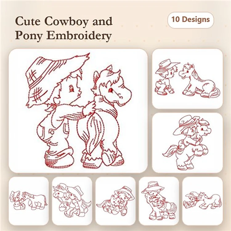 Redwork Cowboy & Pony Embroidery Designs Bundle – Cowboy with Pony, Cowboy Feeding Pony, Little Cowboy & More (10 Designs)