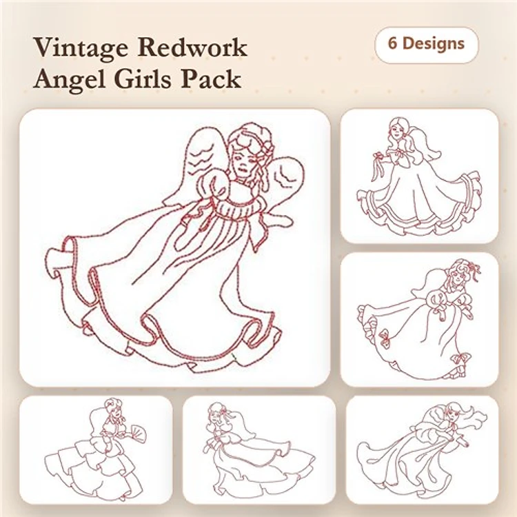 Redwork Vintage Angel Girls Embroidery Designs Bundle – Angel Girl with Balloon, Flowers, & More (6 Designs)