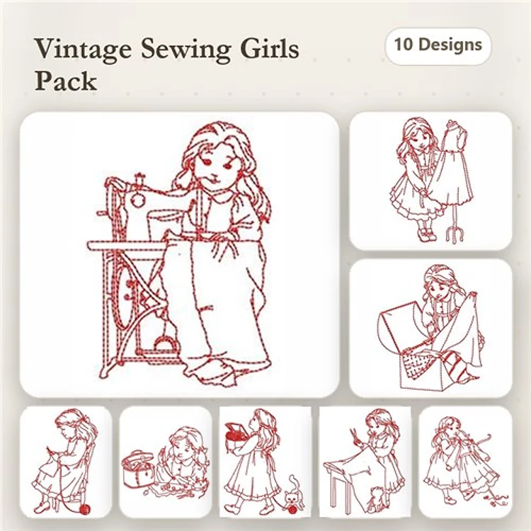 Redwork Vintage Sewing Girls Embroidery Designs Bundle – Sewing Girl with Machine, Girl with Fabric, & More (10 Designs)