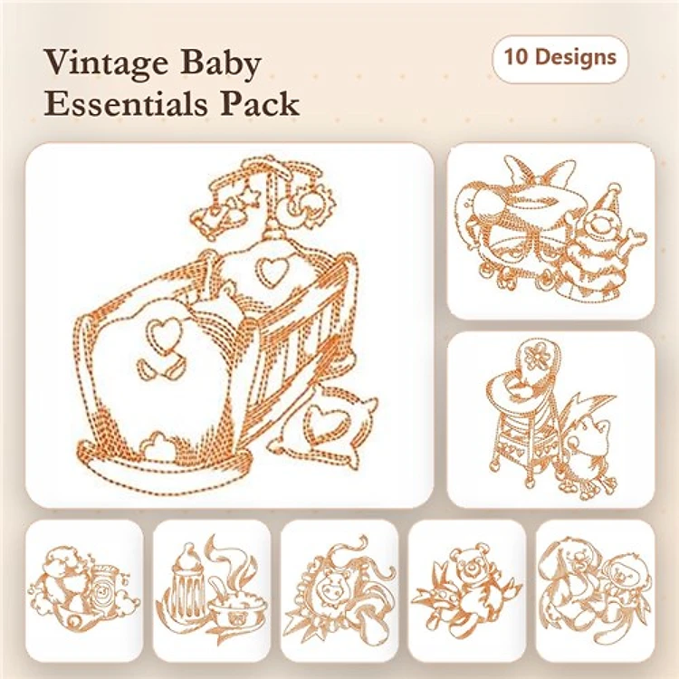 Redwork Vintage Baby Items Embroidery Bundle – Baby Carriage, Rattle, Bottle & More (10 Designs)
