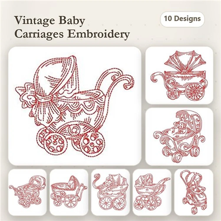 Redwork Vintage Baby Carriage Embroidery Bundle – Vintage Baby Carriage with Frills, Antique Baby Carriage & More (10 Designs)