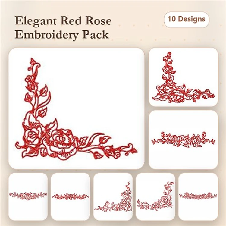 Redwork Elegant Red Roses Embroidery Designs Bundle – Red Rose Corner, Red Rose Border, Red Rose Accent & More (10 Designs)
