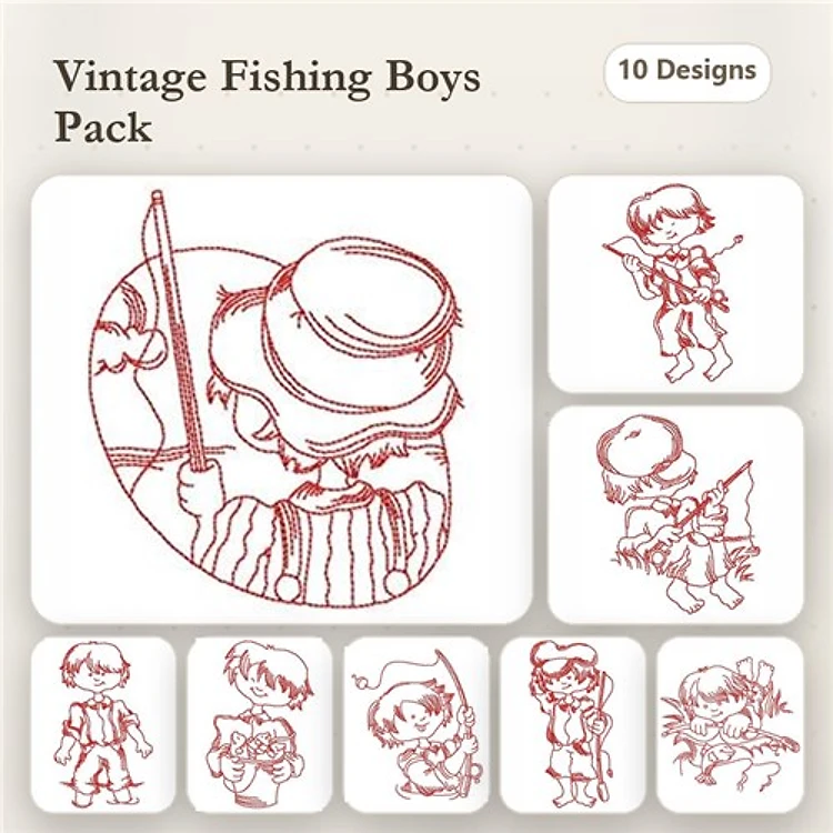 Redwork Vintage Fishing Boys Embroidery Designs Bundle – Fishing Boy with Rod, Tackle, Holding His Catch & More (10 Designs)