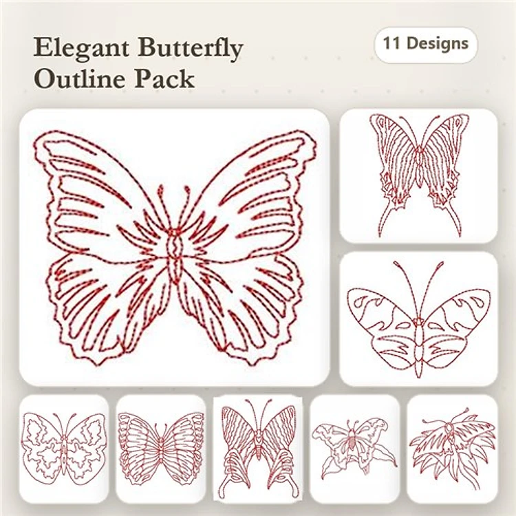 Redwork Butterfly Embroidery Designs Bundle – Butterfly Outline 1, Butterfly Outline 2, Butterfly Outline 3 & More (11 Designs)