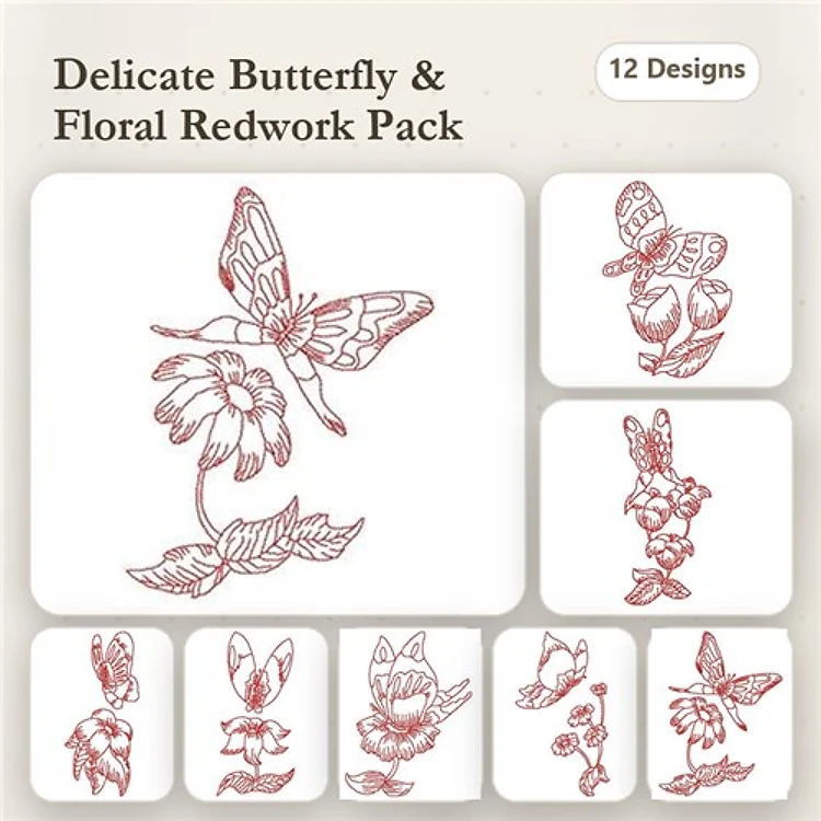 Redwork Butterflies & Floral Embroidery Designs Bundle – Delicate Butterfly with Flower, Floral Arrangement with Butterfly & More (12 Designs)