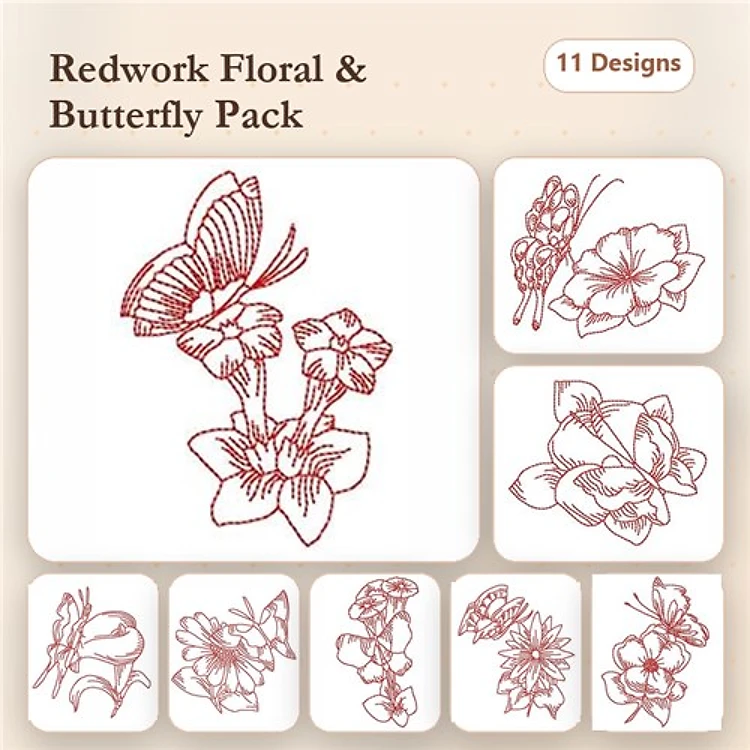 Redwork Floral and Butterfly Embroidery Designs Bundle – Butterfly with Flowers, Single Flower with Leaves, & More (11 Designs)
