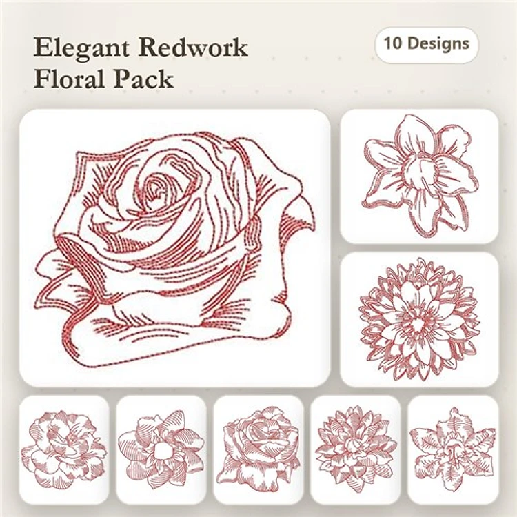 Redwork Elegant Floral Embroidery Bundle – Rose, Daffodil, Dahlia & More (10 Designs)