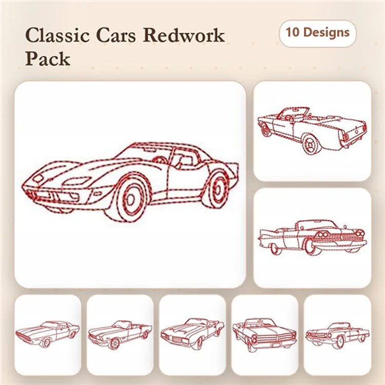 Redwork Classic Cars Embroidery Designs Bundle – Corvette, Convertible, Classic Sedan & More (10 Designs)