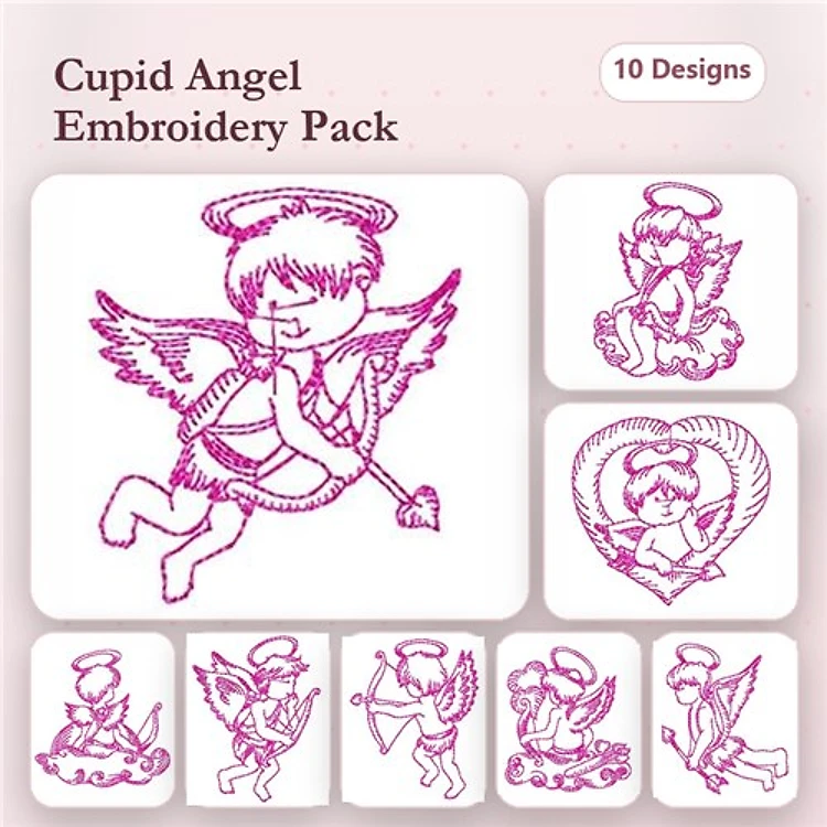 Redwork Cupid Angel Embroidery Designs Bundle – Cupid with Arrow, Sitting, Playing Harp & More (10 Designs)