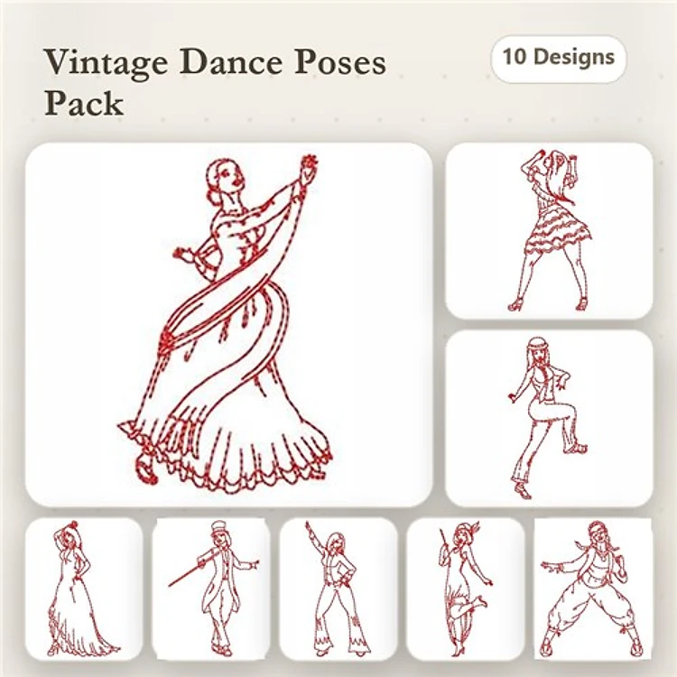 Redwork Vintage Dance Poses Embroidery Designs Bundle – Dancer with Beads, Twirl Dance Pose, Swing Dance Pose & More (10 Designs)