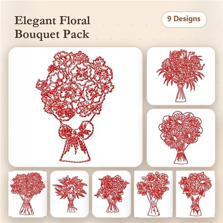 Redwork Floral Bouquet Embroidery Designs Bundle – Floral Bouquet with Ribbon, Large Floral Bouquet, Wildflower Bouquet & More (9 Designs)
