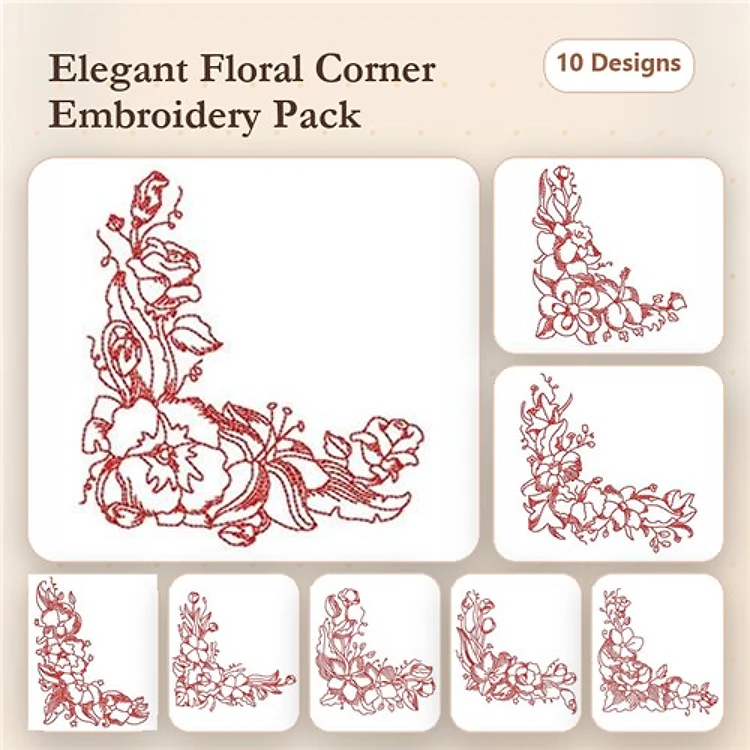 Redwork Elegant Floral Corner Embroidery Bundle – Roses, Daisies, Vines, Lilies & More (10 Designs)