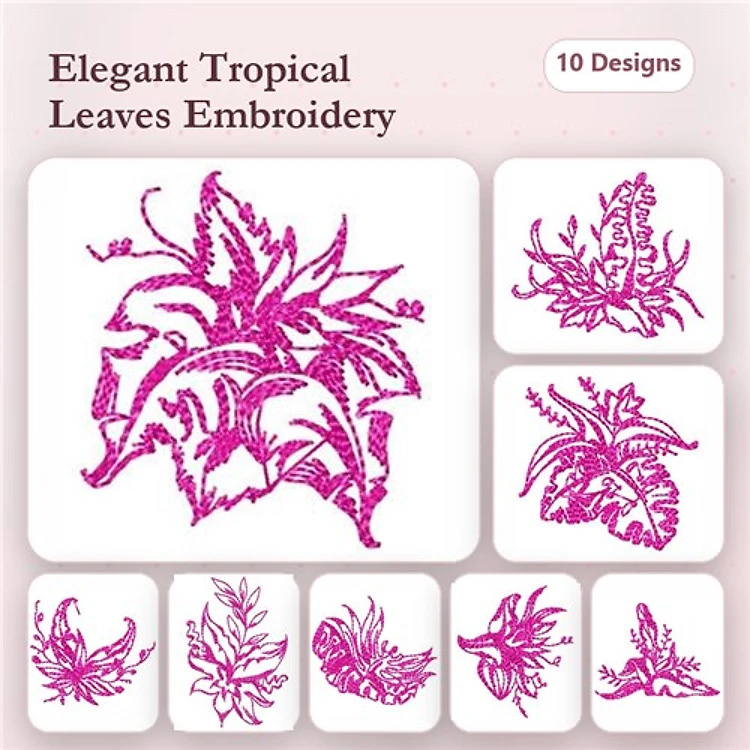 Redwork Tropical Leaves Embroidery Designs Bundle – Tropical Leaf Design 1, Tropical Leaf Design 2, Tropical Leaf Design 3 & More (10 Designs)