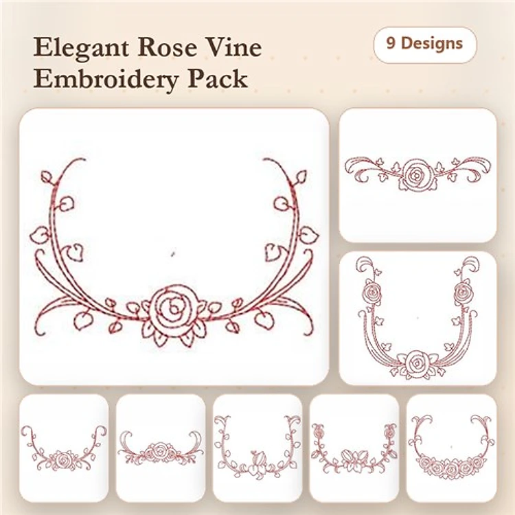 Redwork Elegant Rose Vine Embroidery Designs Bundle – Rose Vine Border, Large Rose Centerpiece & More (9 Designs)