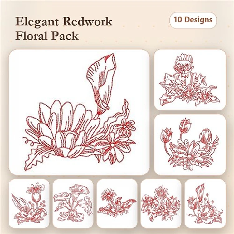 Redwork Floral Embroidery Designs Bundle – Calla Lily, Lotus Flower, Dandelion & More (10 Designs)