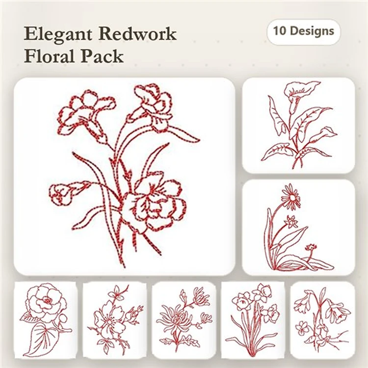 Redwork Floral Embroidery Designs Bundle – Floral Arrangement, Daffodil Bloom, Peony Outline & More (10 Designs)