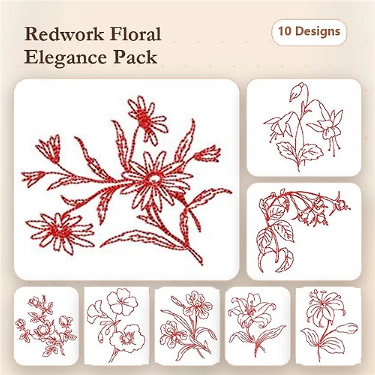 Redwork Floral Embroidery Designs Bundle – Daisy Bouquet, Flowering Vine, Lily Arrangement & More (10 Designs)