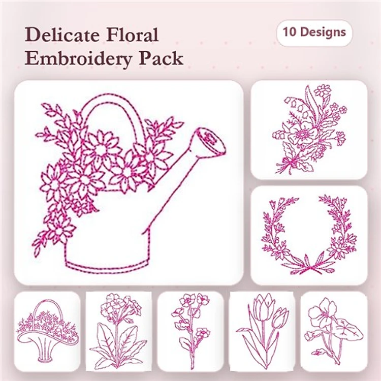 Redwork Floral Embroidery Designs Bundle – Watering Can with Flowers, Floral Basket, Flower Wreath & More (10 Designs)