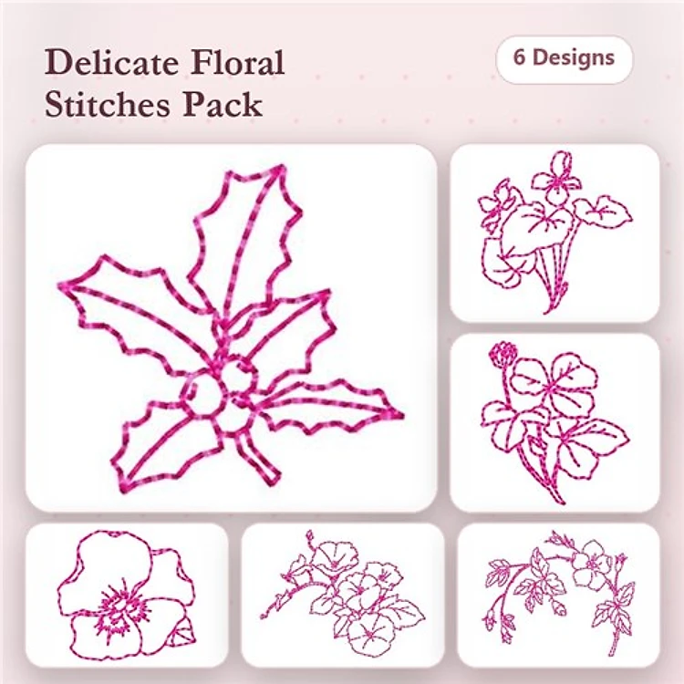 Redwork Floral Embroidery Designs Bundle – Holly Leaf, Violet Flower, Pansy Flower & More (6 Designs)