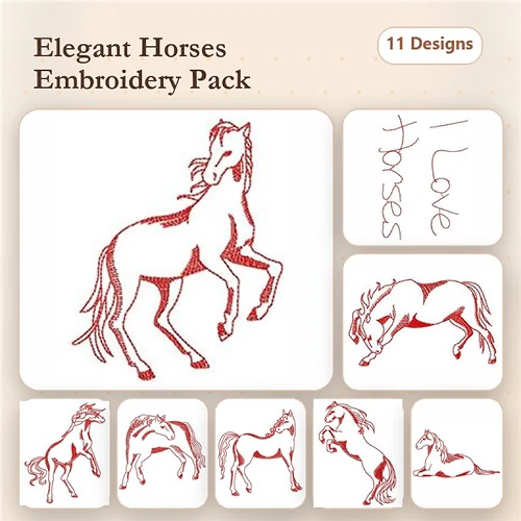 Redwork Elegant Horses Embroidery Designs Bundle – Rearing Horse, Trotting Horse, Standing Horse & More (11 Designs)