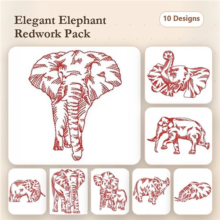 Redwork Elegant Elephant Embroidery Designs Bundle – Elephant Head, Mother and Baby Elephant, & More (10 Designs)