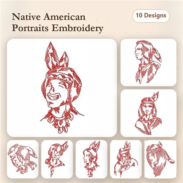 Redwork Native American Portraits Embroidery Designs Bundle – Boy with Headband, Girl with Necklace, Chief & More (10 Designs)