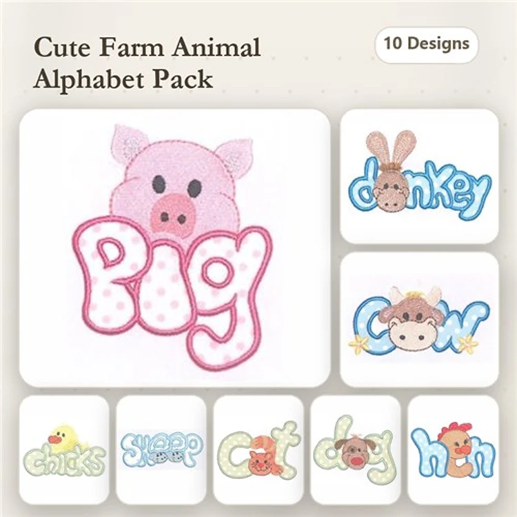 Farm Animal Embroidery Bundle – Cow, Pig, Chicks & More (10 Designs)
