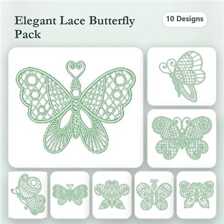 FSL Elegant Lace Butterflies Embroidery Designs Bundle – Large Lace Butterfly, Small Lace Butterfly & More (10 Designs)