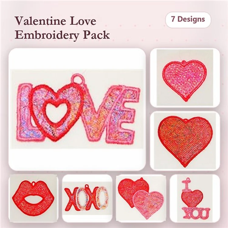 FSL Valentine Love Embroidery Designs Bundle – LOVE Tag, Heart Ornament, XOXO Tag & More (7 Designs)