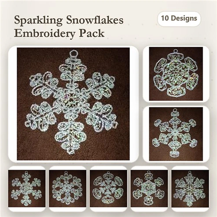 FSL Snowflake Ornament Embroidery Designs Bundle – Snowflake with Leaves, Ornamental Snowflake, Fancy Snowflake & More (10 Designs)