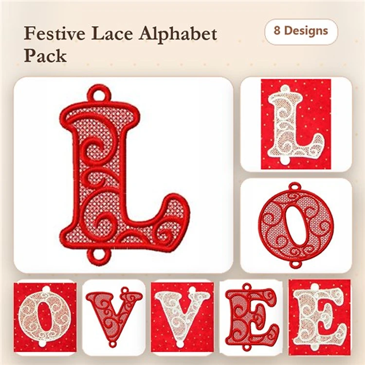 FSL Lace Alphabet Embroidery Designs Bundle – L, O, V, E & More (8 Designs)