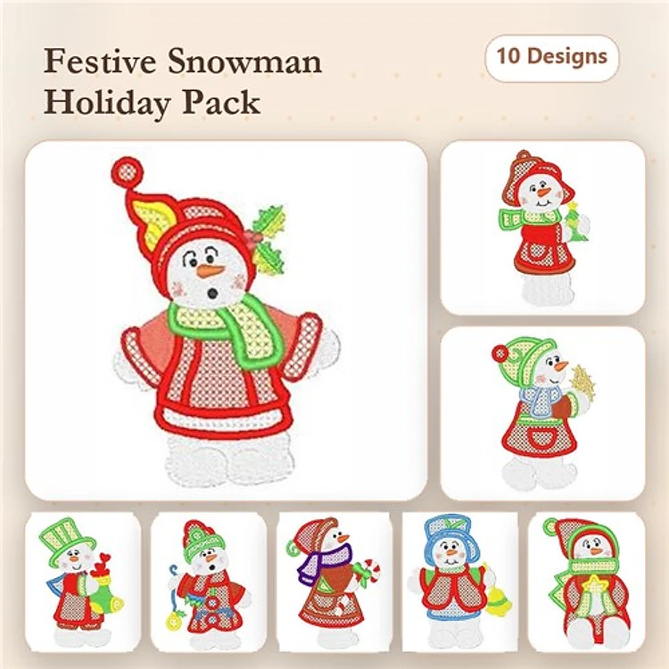 FSL Festive Snowman Embroidery Designs Bundle – Snowman with Red Hat, Green Scarf, Broom & More (10 Designs)