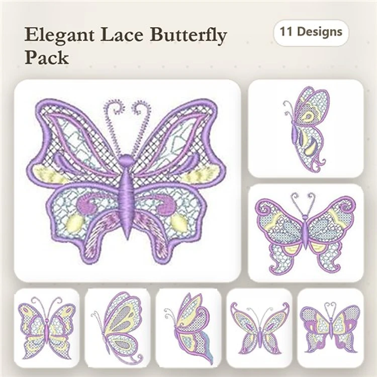 FSL Lace Butterflies Embroidery Designs Bundle – Elegant Lace Butterfly, Ornate Lace Butterfly, Colorful Lace Butterfly & More (11 Designs)
