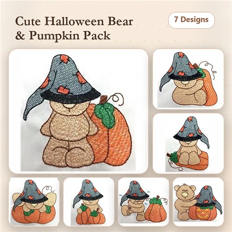 Halloween Bear and Pumpkin Embroidery Designs Bundle – Halloween Bear with Pumpkin, Bear in Witch Hat with Pumpkin & More (7 Designs)