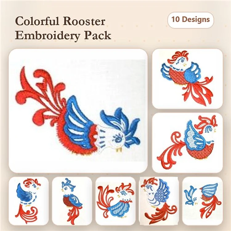 Colorful Rooster Embroidery Designs Bundle – Rooster with Floral Design, Dynamic Rooster, Elegant Rooster & More (10 Designs)
