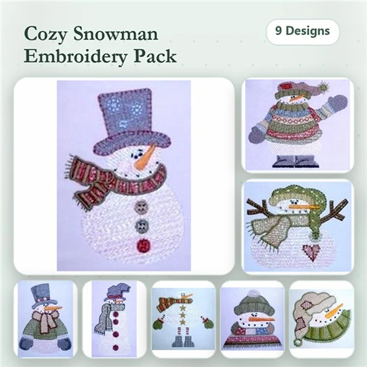 Cozy Snowman Embroidery Designs Bundle – Snowman with Blue Hat, Snowman with Scarf, Snowman with Red Buttons & More (9 Designs)